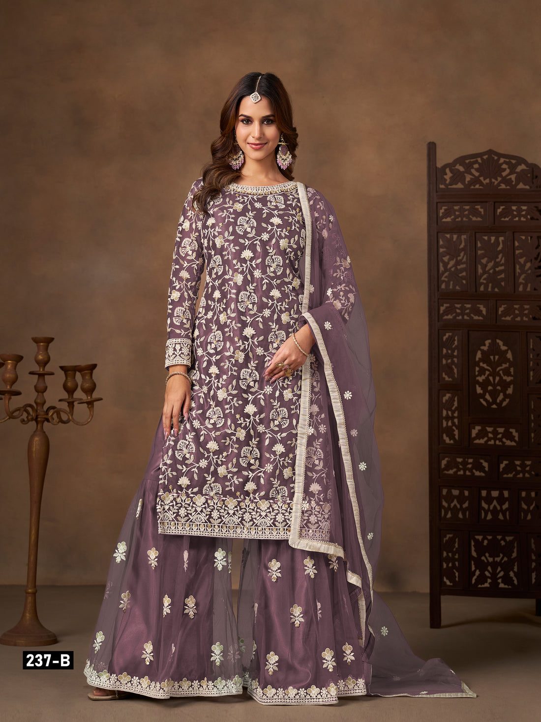 Butterfly Net Embroidered Sharara Suit for Women with Dupatta Party Wear