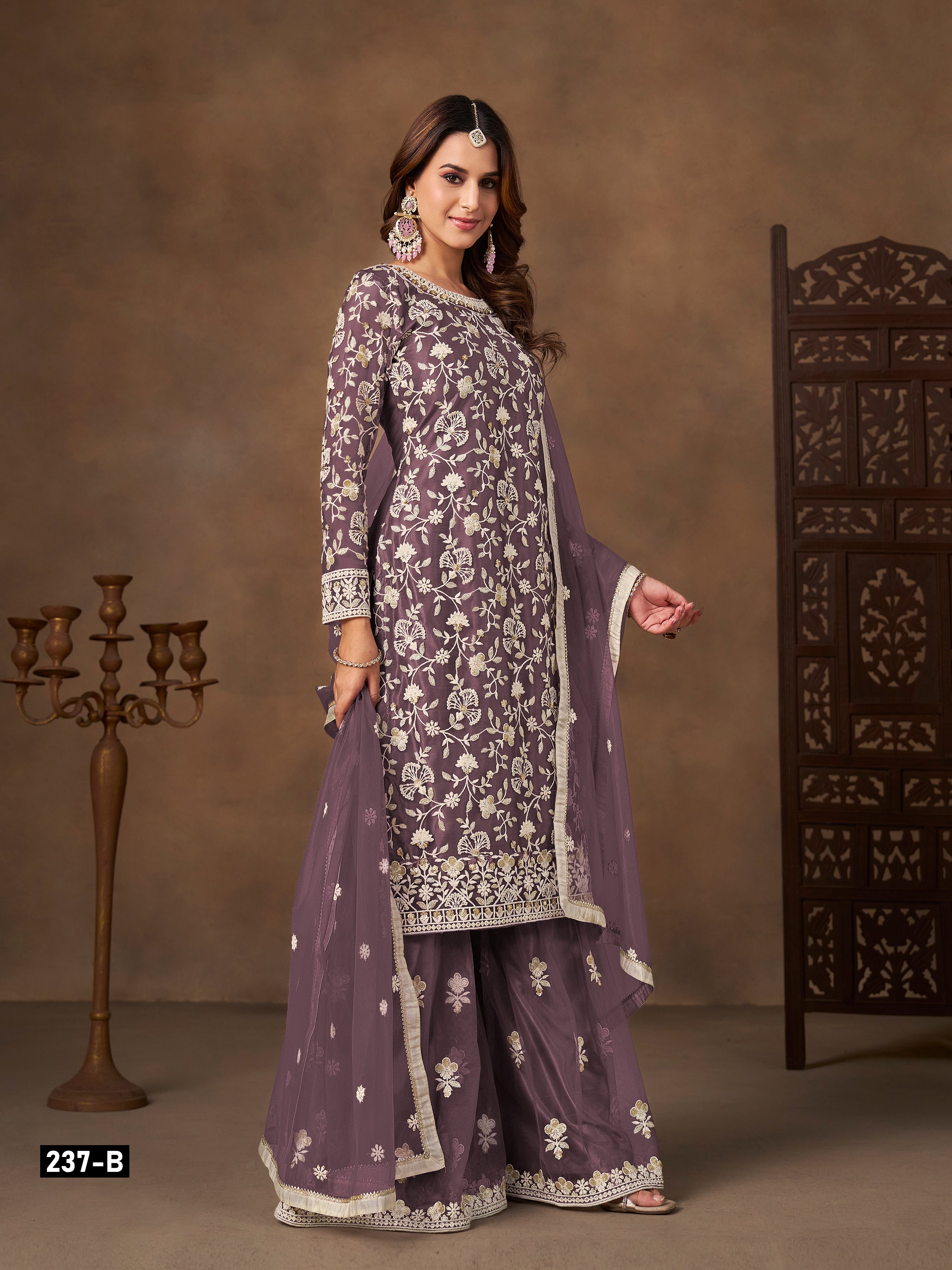 Butterfly Net Embroidered Sharara Suit for Women with Dupatta Party Wear