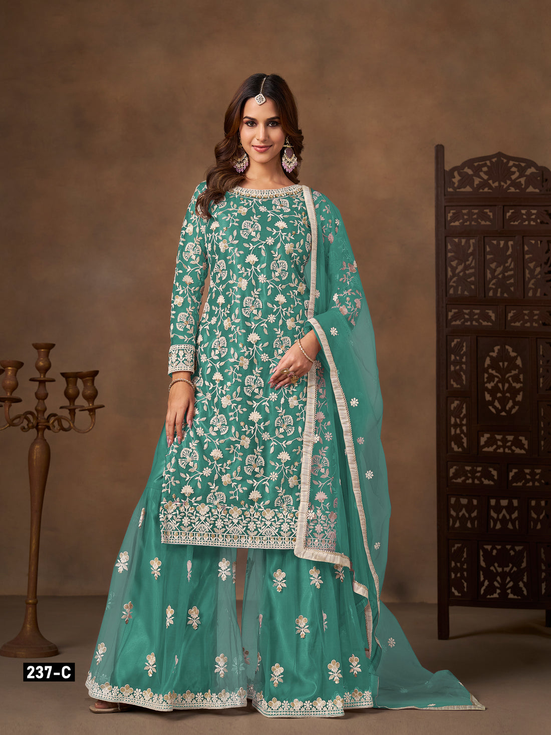 Butterfly Net Embroidered Sharara Suit for Women with Dupatta Party Wear