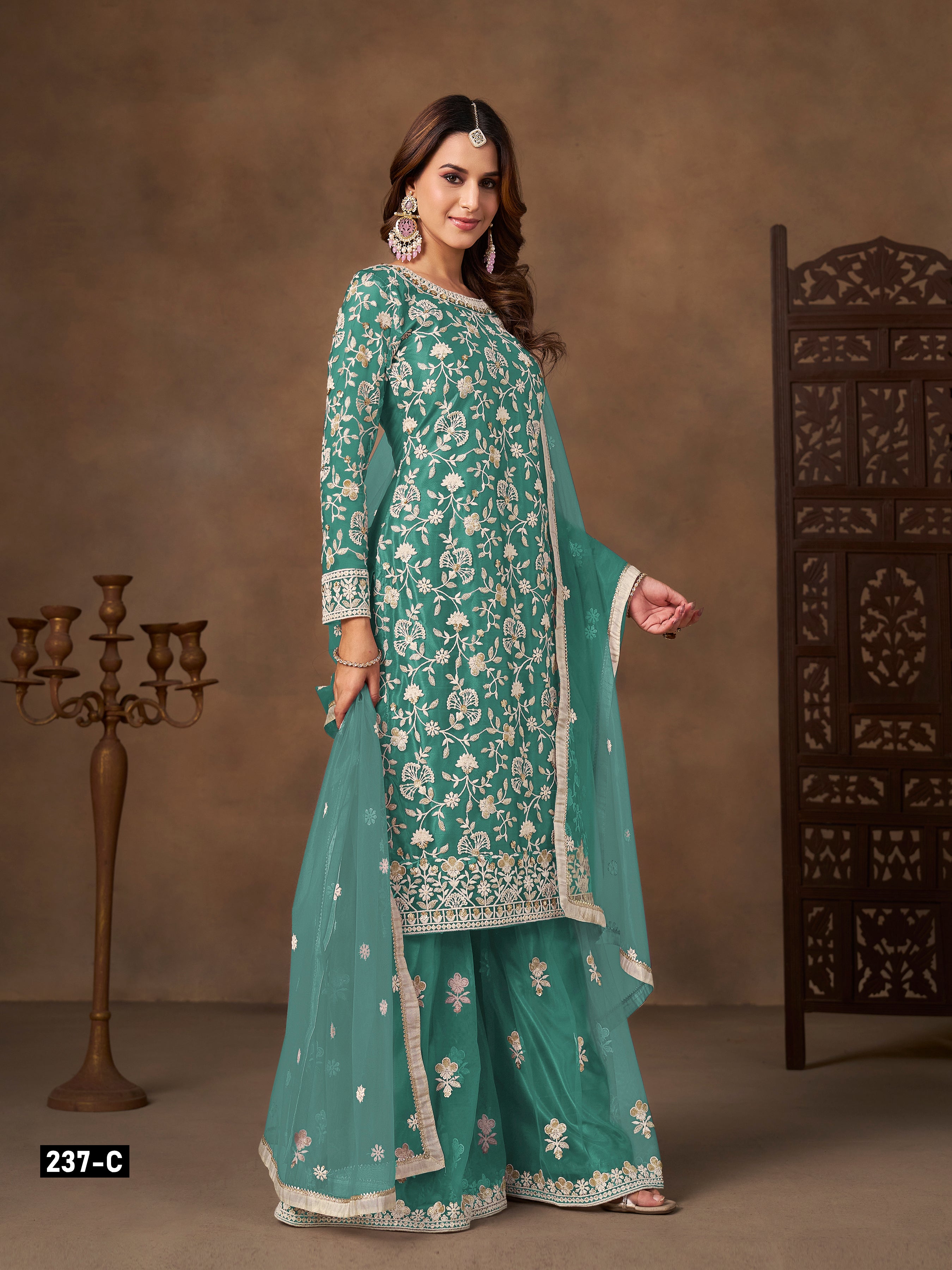 Butterfly Net Embroidered Sharara Suit for Women with Dupatta Party Wear