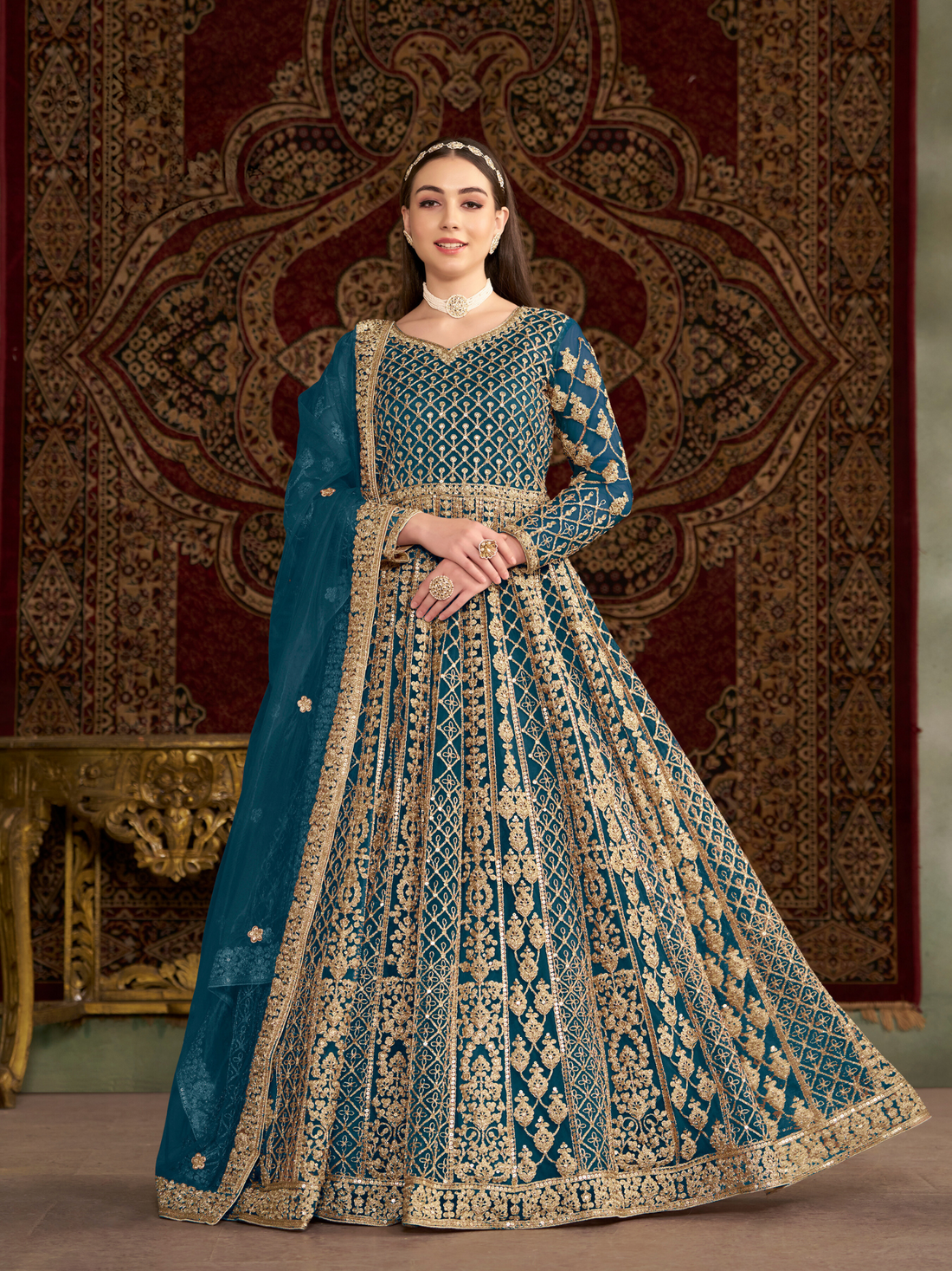 Anarkali Gown Butterfly Net Front & Back Side Work Designer Indian Pakistani