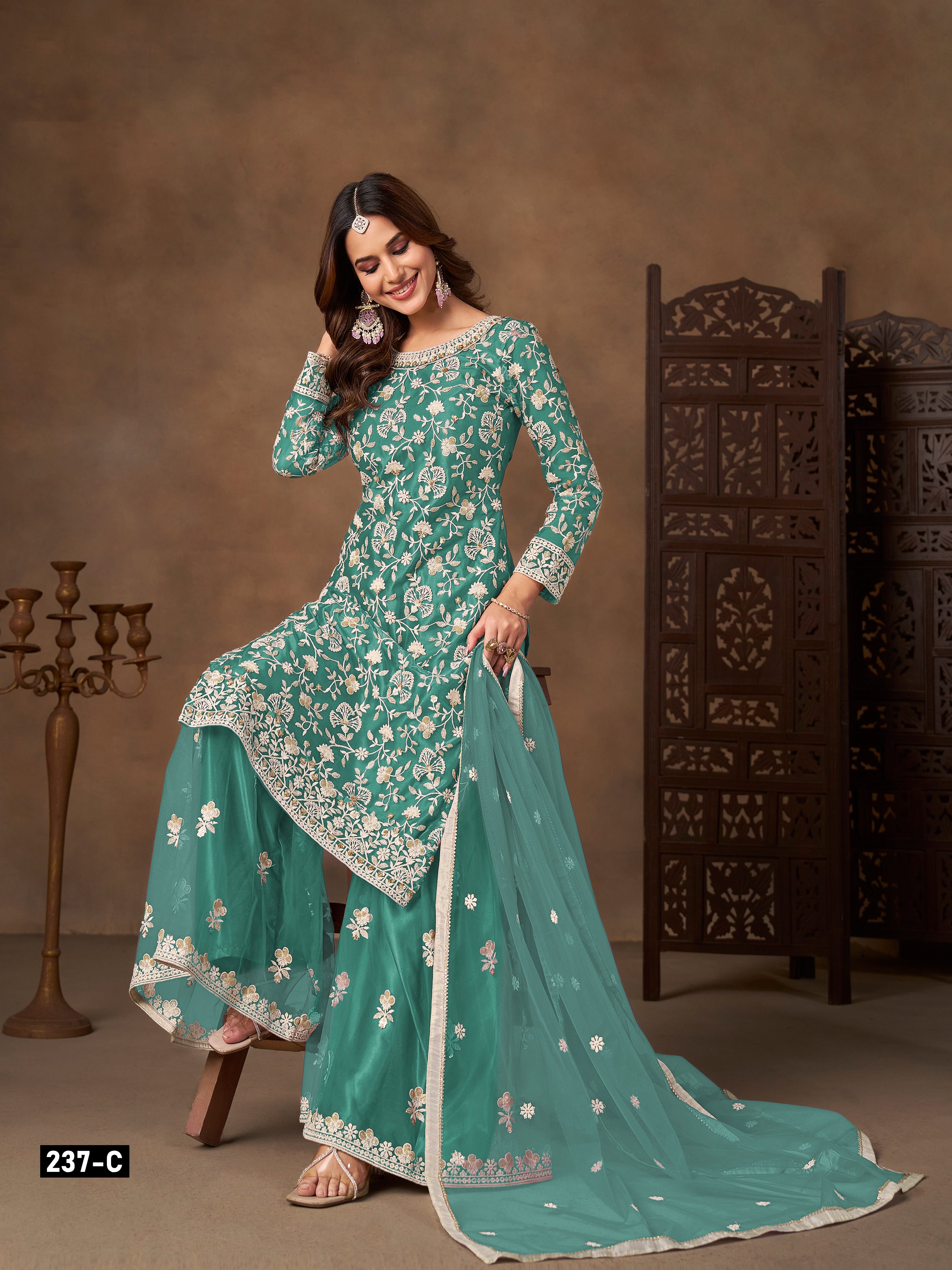 Butterfly Net Embroidered Sharara Suit for Women with Dupatta Party Wear
