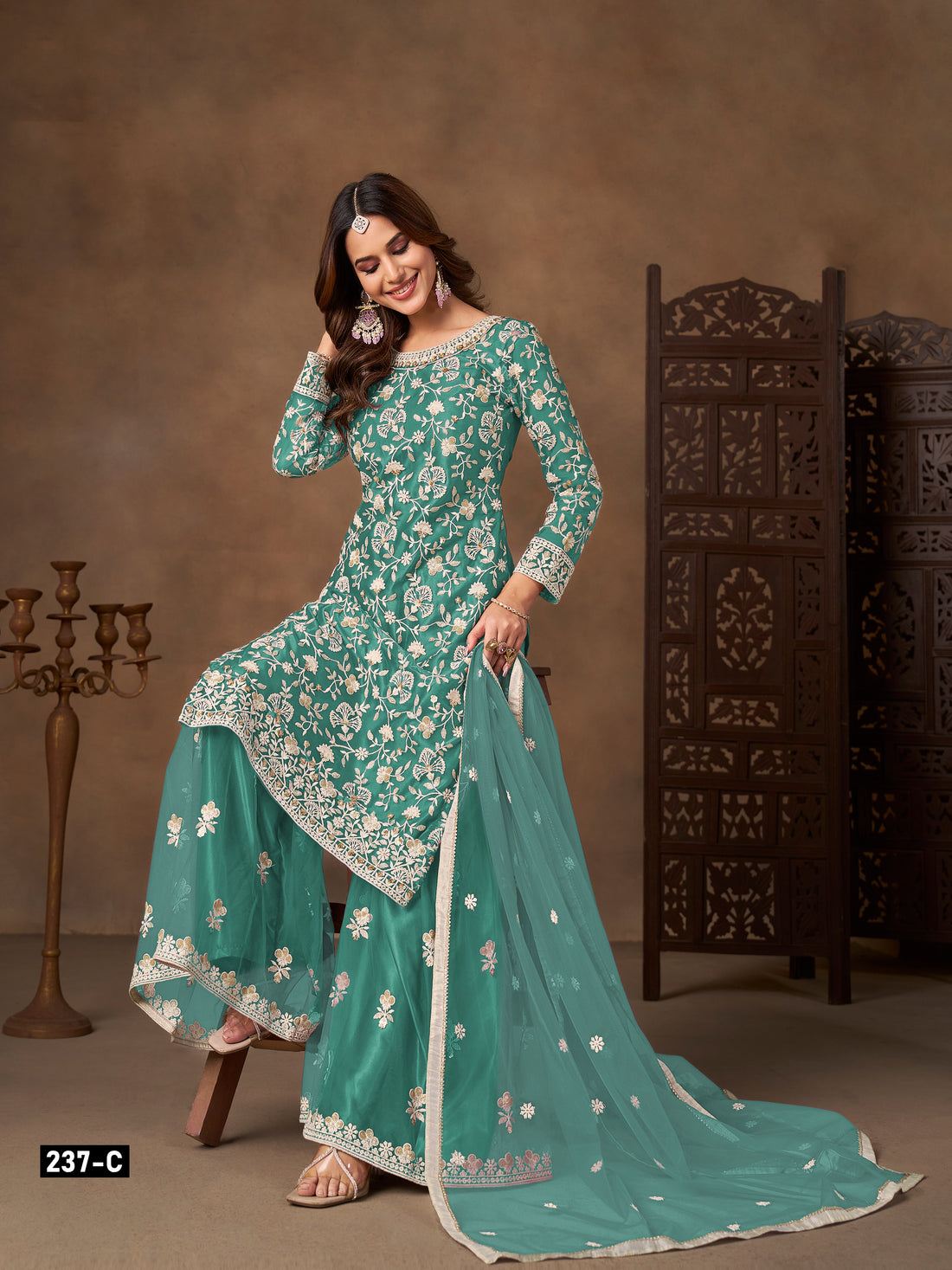 Butterfly Net Embroidered Sharara Suit for Women with Dupatta Party Wear