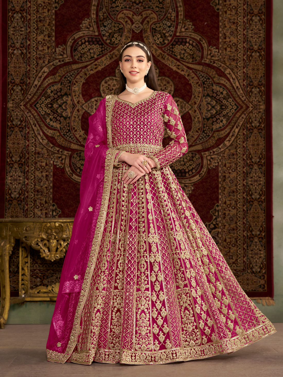 Anarkali Gown Butterfly Net Front & Back Side Work Designer Indian Pakistani