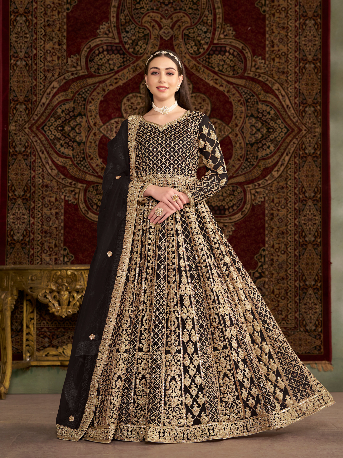 Anarkali Gown Butterfly Net Front & Back Side Work Designer Indian Pakistani