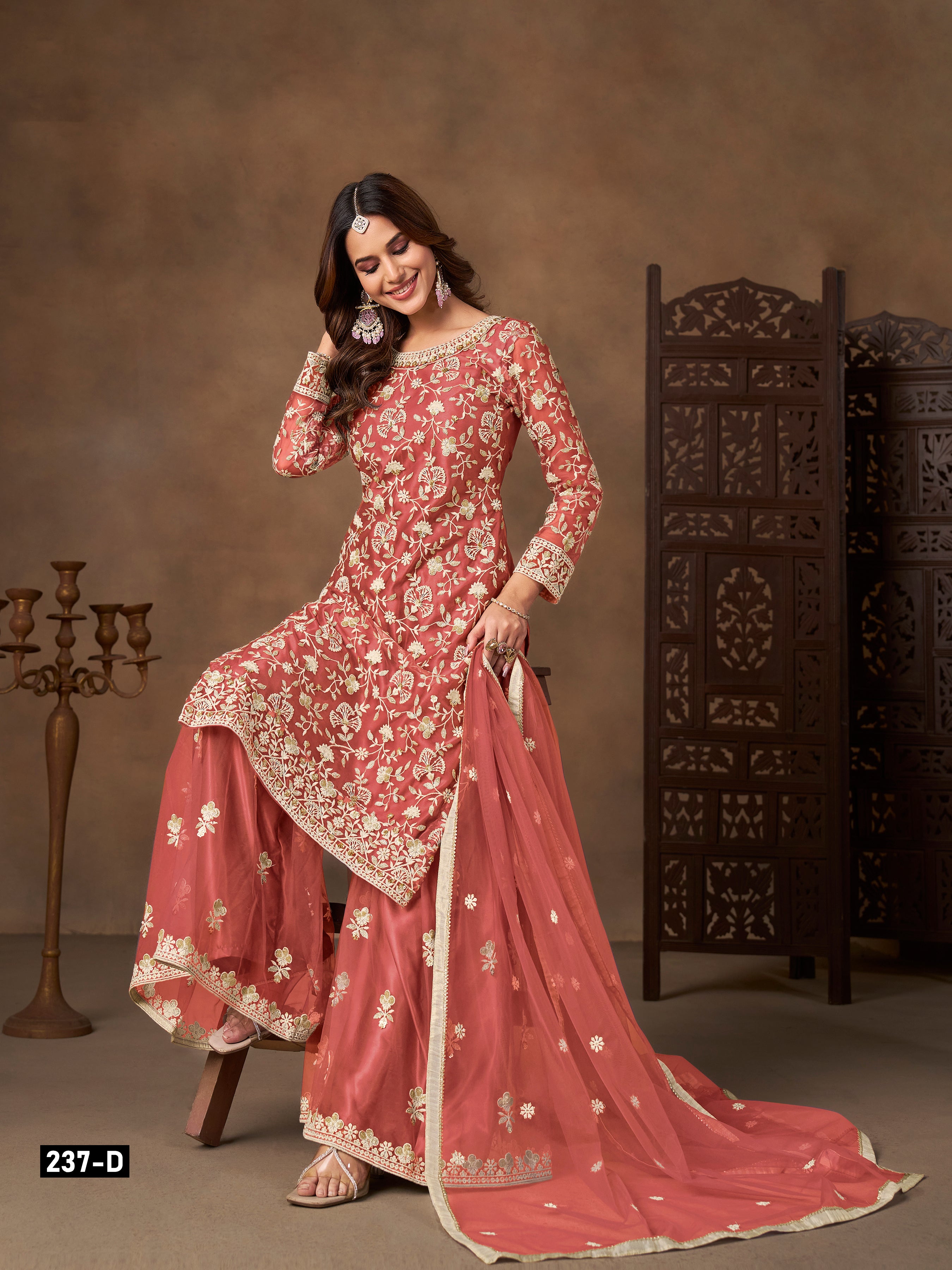 Butterfly Net Embroidered Sharara Suit for Women with Dupatta Party Wear