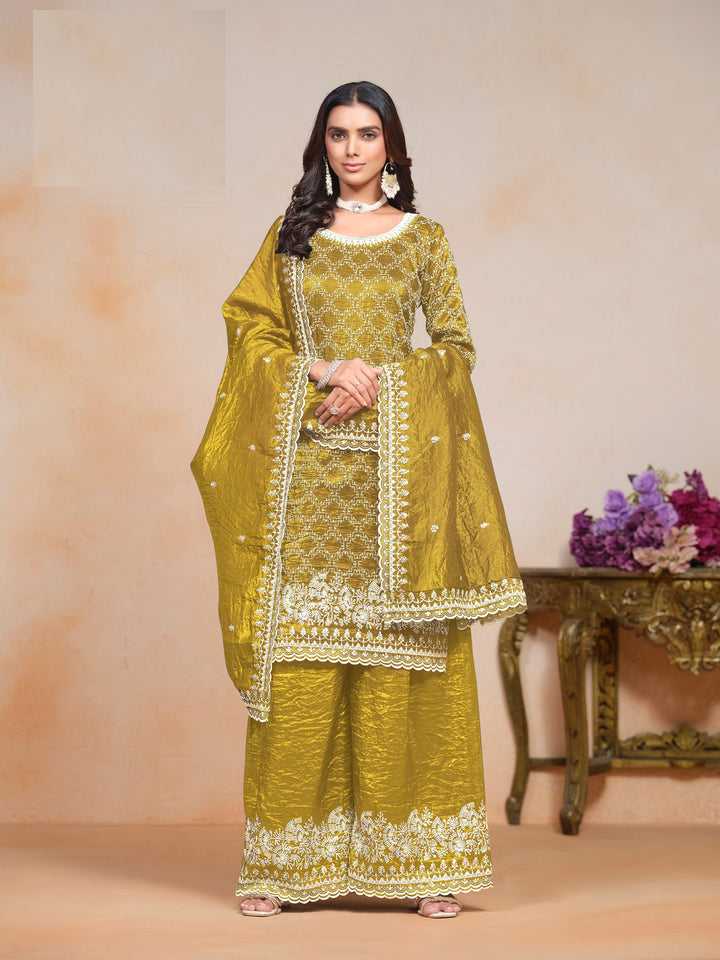 India Pakistani Women's Gold Crush Fabric Kurta with Sharara Free Shipping Dress