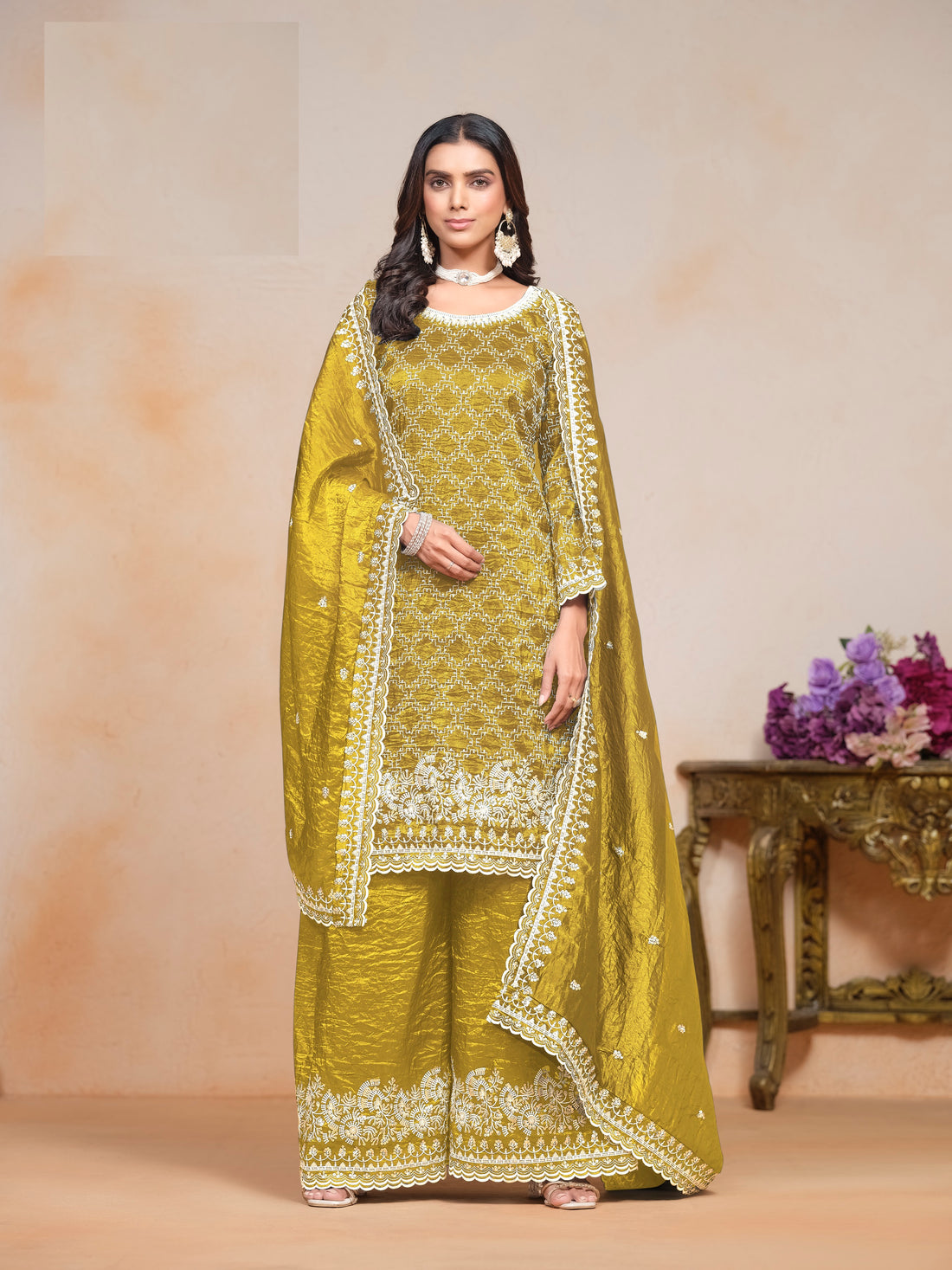 India Pakistani Women's Gold Crush Fabric Kurta with Sharara Free Shipping Dress