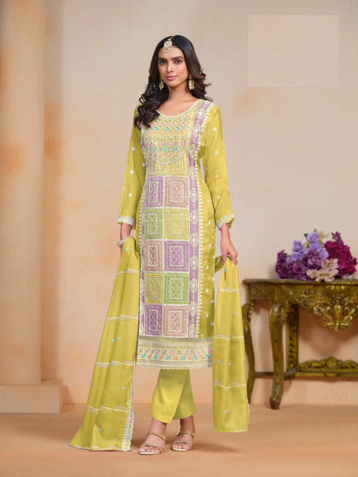 Festival Wear Organza Long Straight Kurta With Pant And Dupatta Mehndi Ceremony