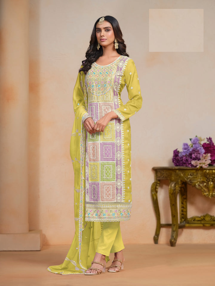 Festival Wear Organza Long Straight Kurta With Pant And Dupatta Mehndi Ceremony