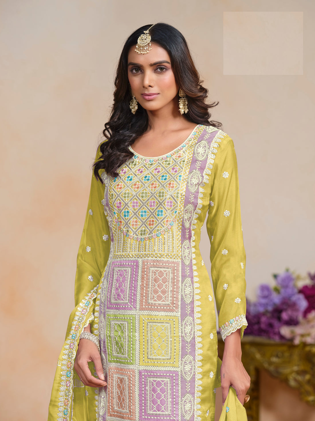 Festival Wear Organza Long Straight Kurta With Pant And Dupatta Mehndi Ceremony