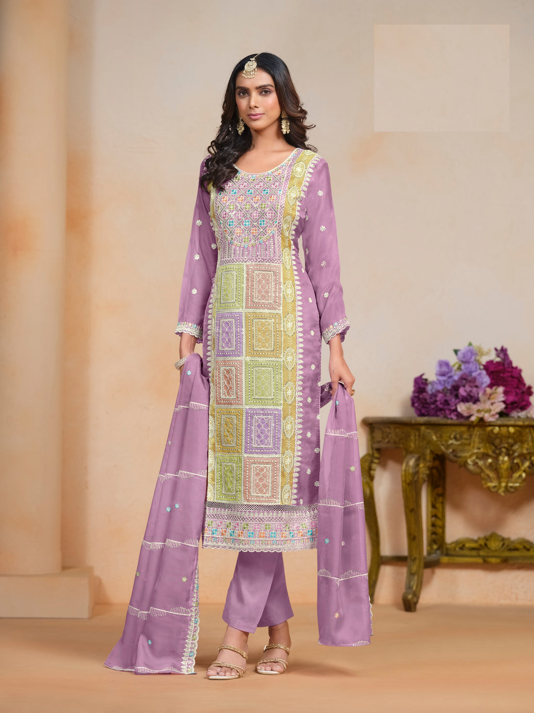 Festival Wear Organza Long Straight Kurta With Pant And Dupatta Mehndi Ceremony