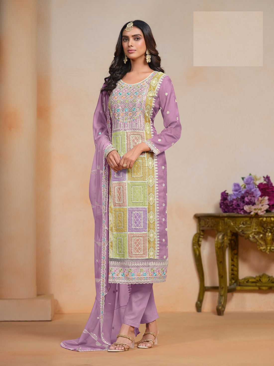 Festival Wear Organza Long Straight Kurta With Pant And Dupatta Mehndi Ceremony