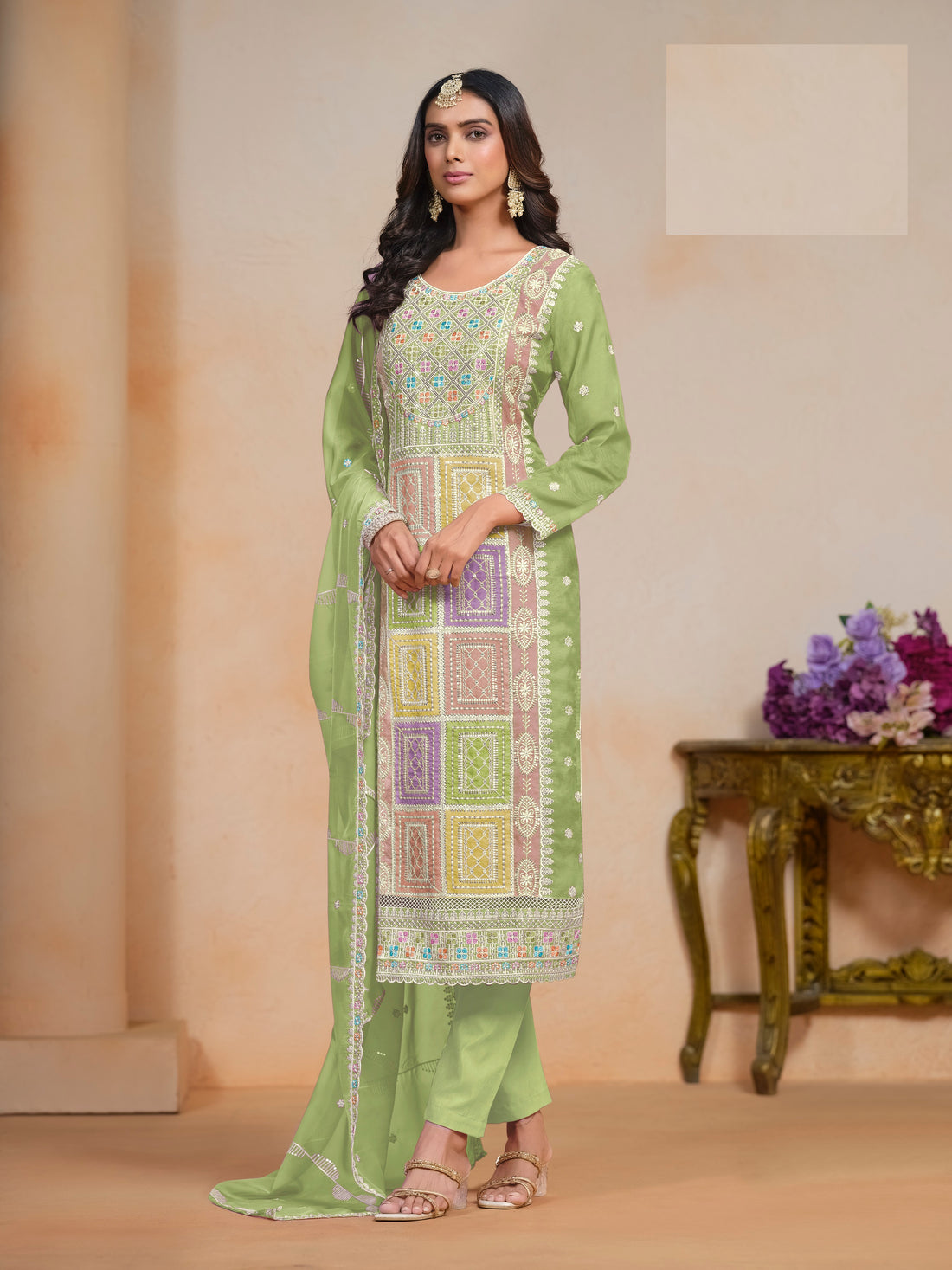 Festival Wear Organza Long Straight Kurta With Pant And Dupatta Mehndi Ceremony