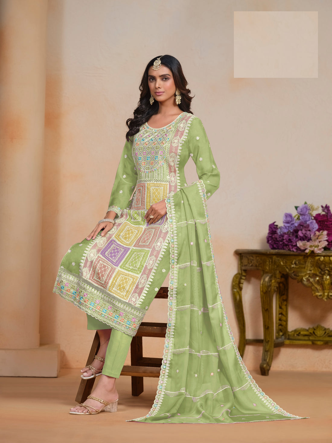 Festival Wear Organza Long Straight Kurta With Pant And Dupatta Mehndi Ceremony