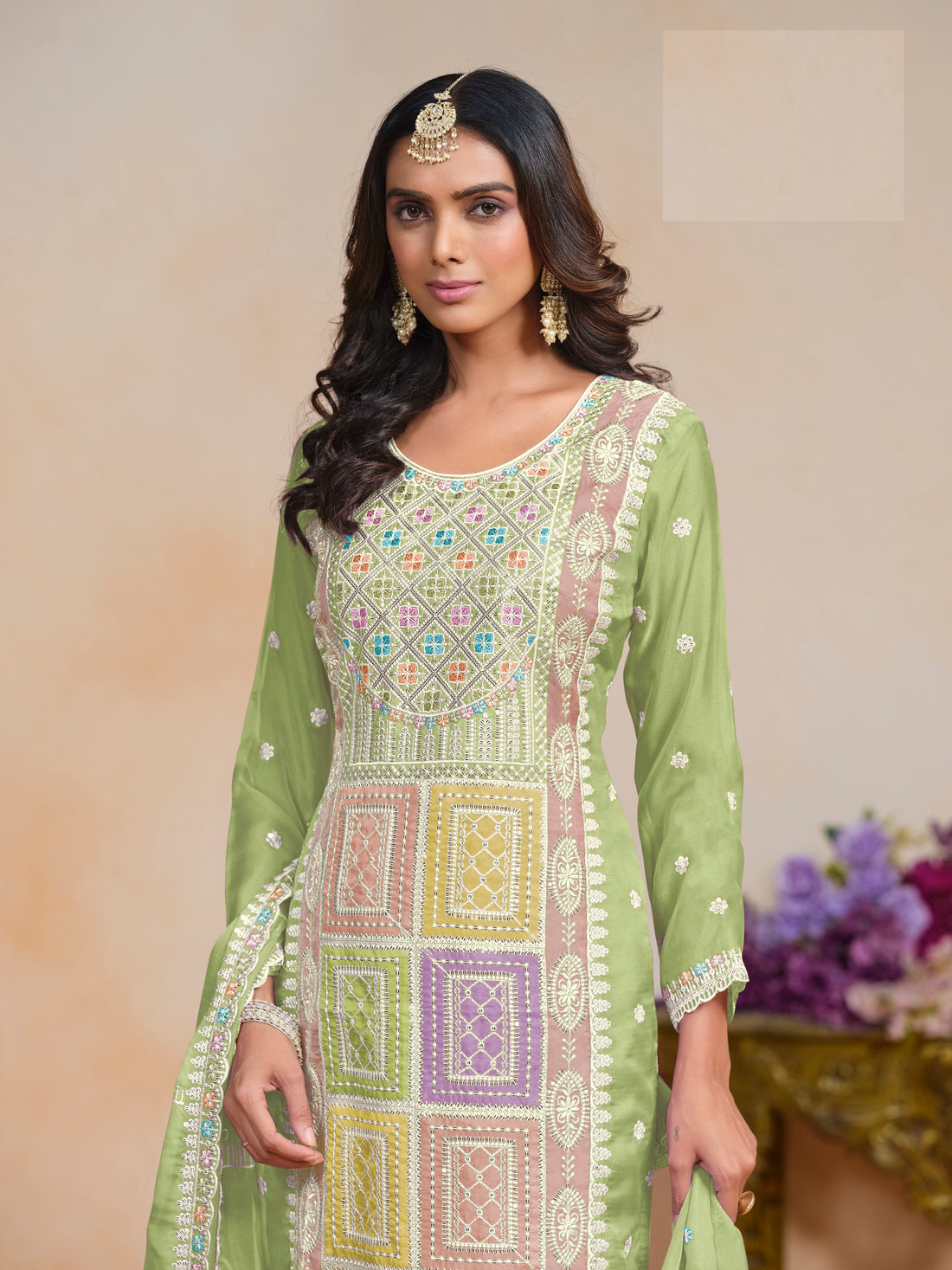 Festival Wear Organza Long Straight Kurta With Pant And Dupatta Mehndi Ceremony