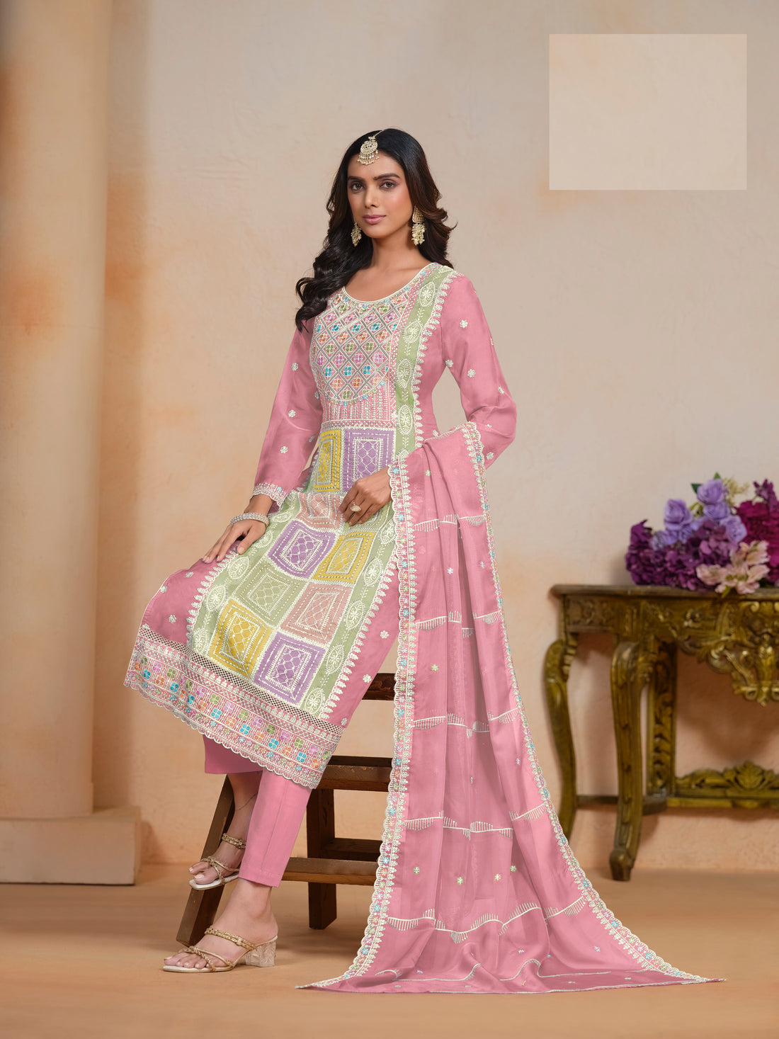 Festival Wear Organza Long Straight Kurta With Pant And Dupatta Mehndi Ceremony