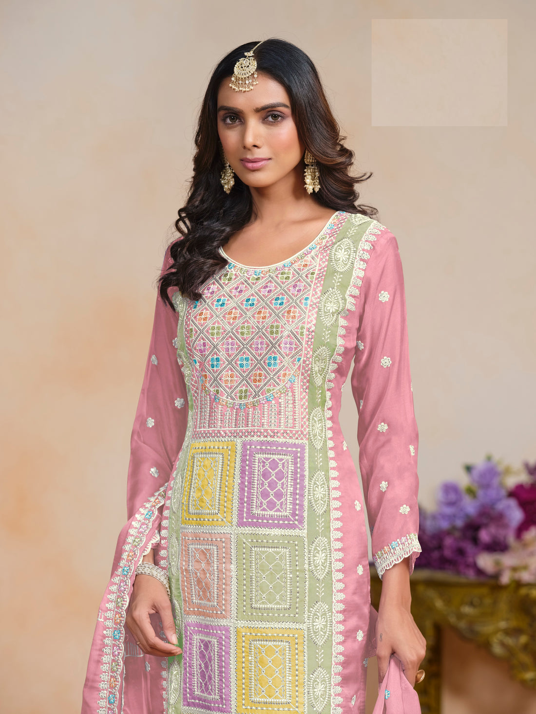 Festival Wear Organza Long Straight Kurta With Pant And Dupatta Mehndi Ceremony