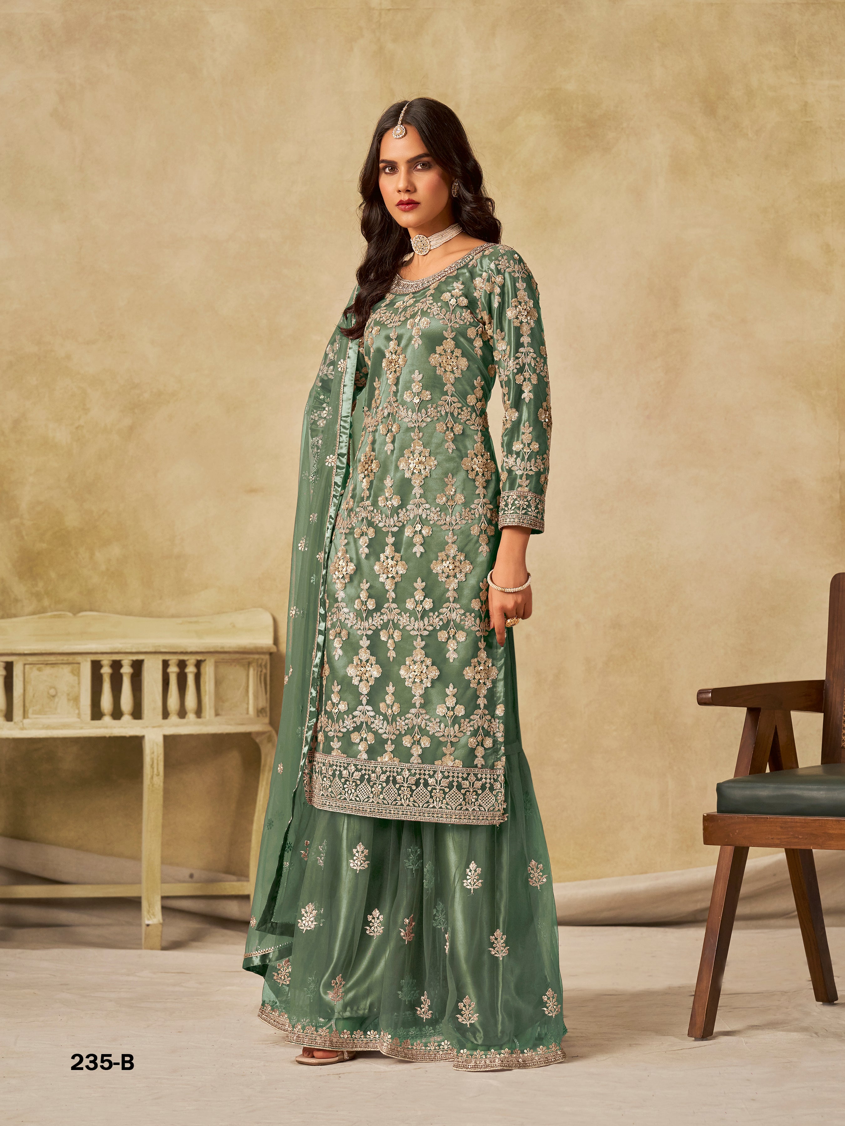 Traditional Soft Net Sharara Salwar Kameez Indian Festive & Wedding Guest Wear Outfit with Dupatta