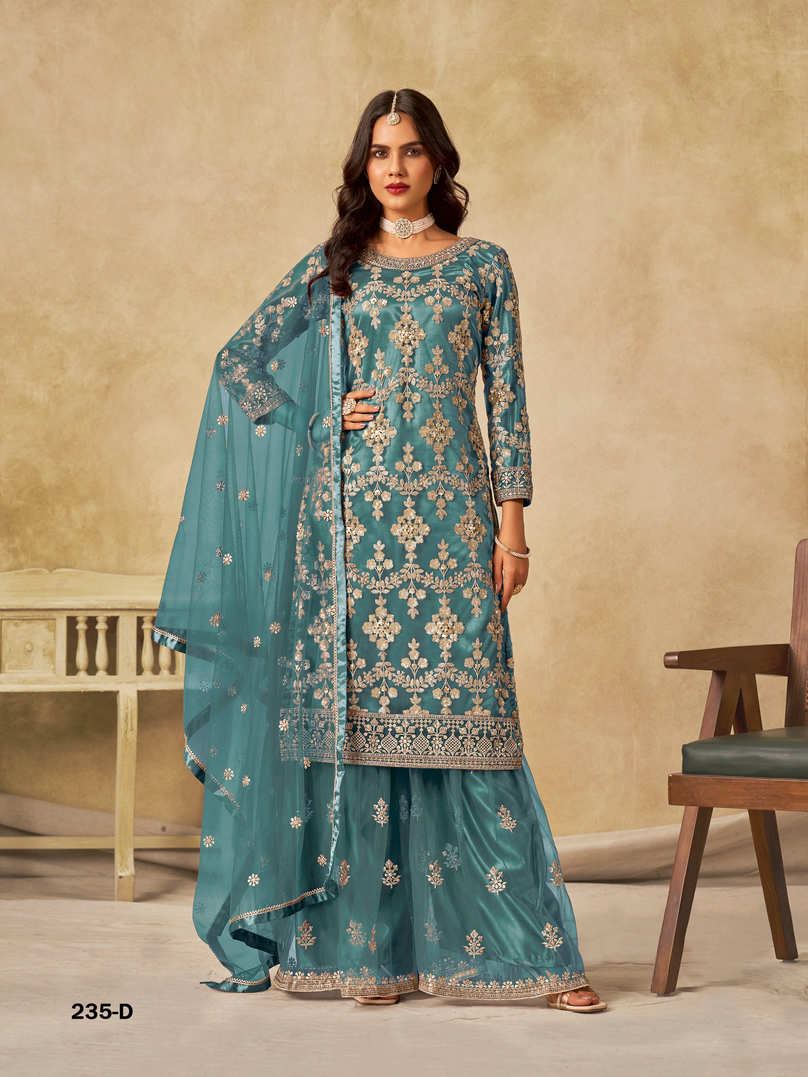 Traditional Soft Net Sharara Salwar Kameez Indian Festive & Wedding Guest Wear Outfit with Dupatta