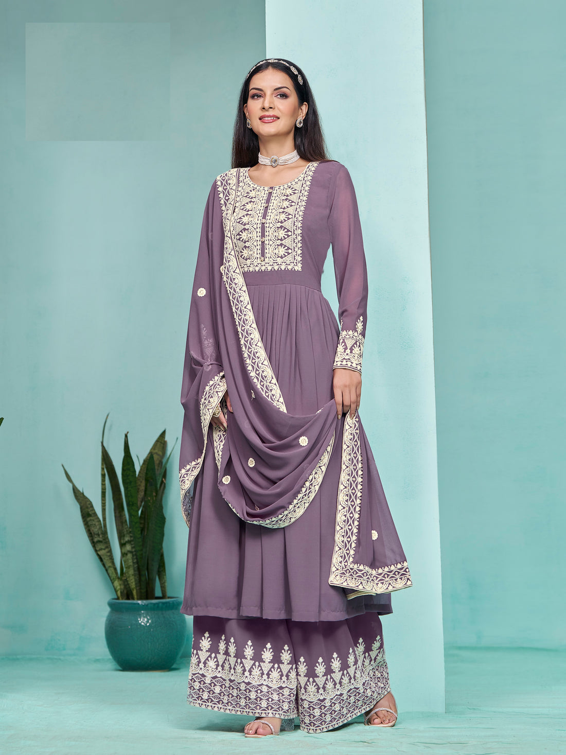 Women Fancy Georgette Long Sleeve Scoop Neck Wedding Party Wear Kurti Palazzo