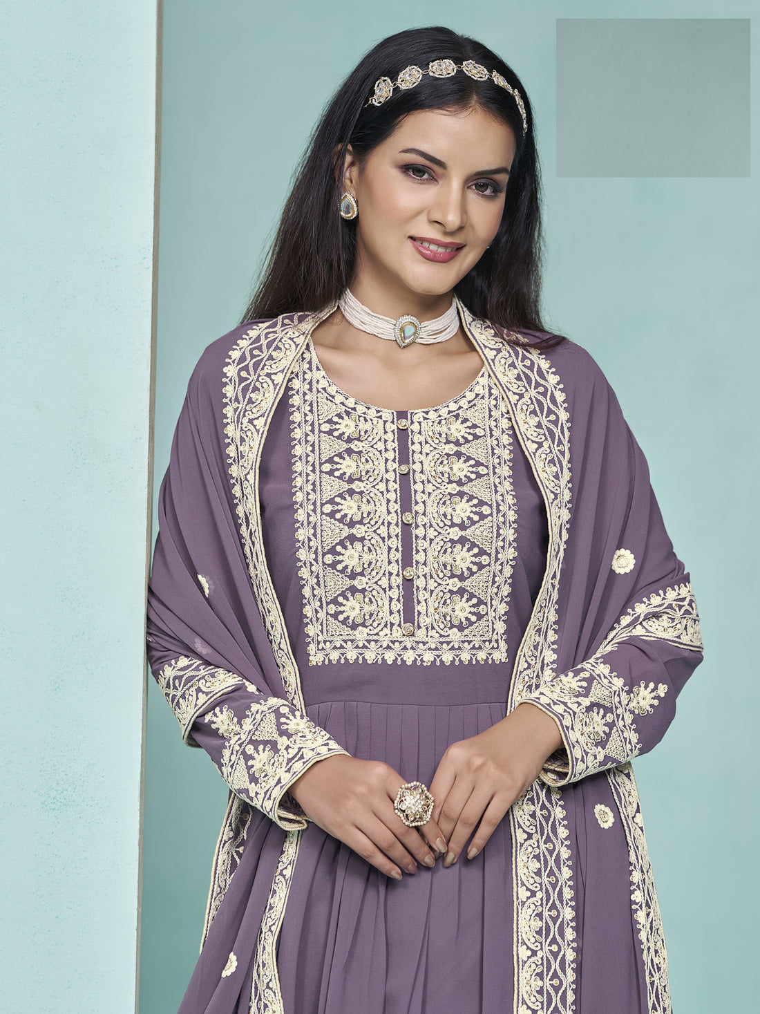 Women Fancy Georgette Long Sleeve Scoop Neck Wedding Party Wear Kurti Palazzo