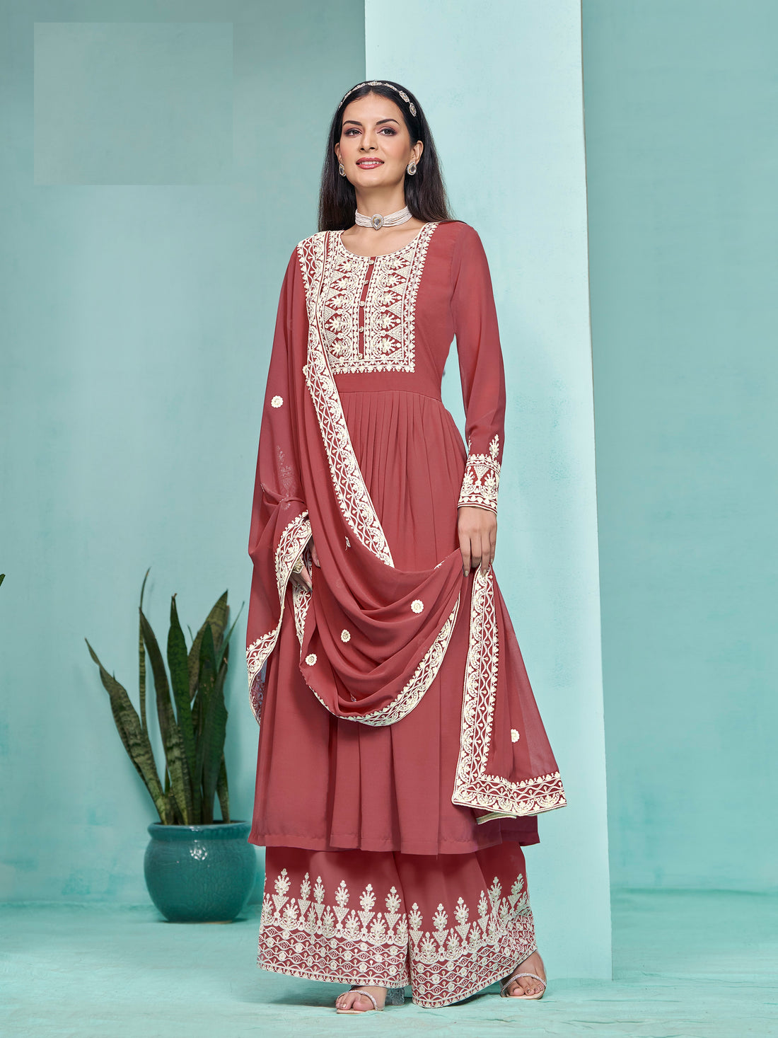 Women Fancy Georgette Long Sleeve Scoop Neck Wedding Party Wear Kurti Palazzo