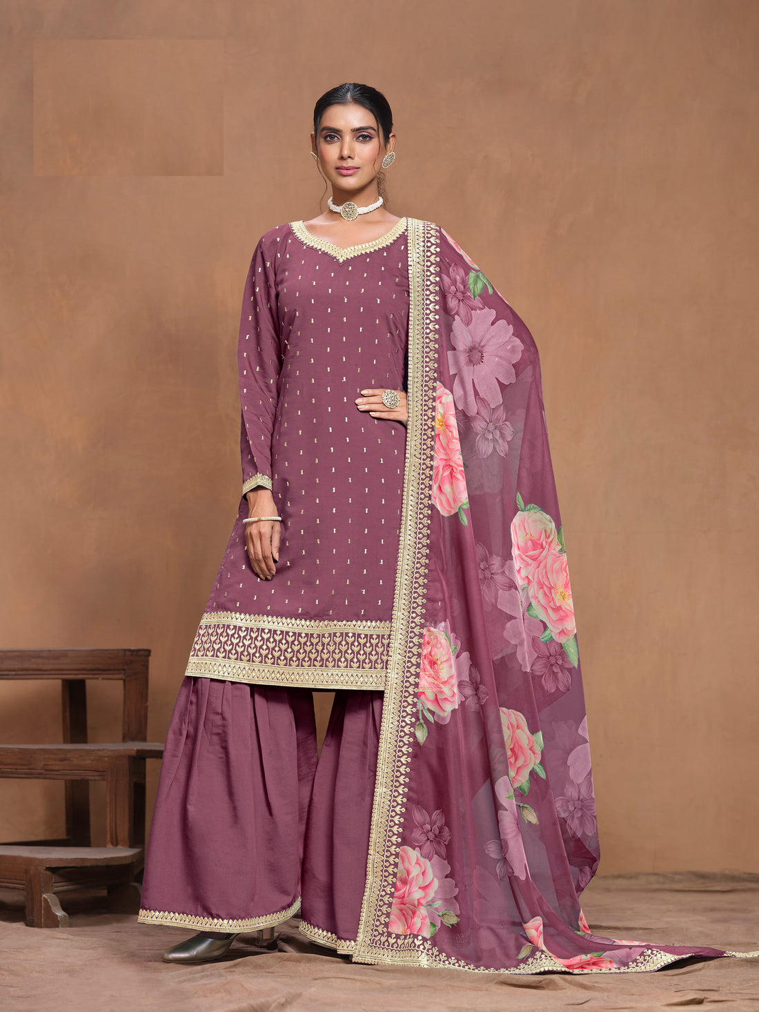 Purple Straight Kurta Sharara Set For Eid, 3 Pc Embroidery Work Sharara Suit