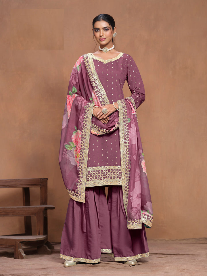 Purple Straight Kurta Sharara Set For Eid, 3 Pc Embroidery Work Sharara Suit