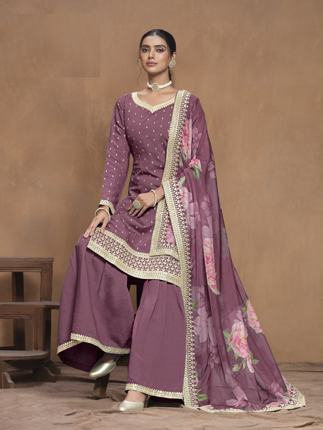 Purple Straight Kurta Sharara Set For Eid, 3 Pc Embroidery Work Sharara Suit