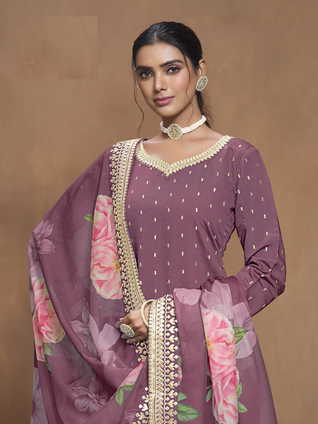 Purple Straight Kurta Sharara Set For Eid, 3 Pc Embroidery Work Sharara Suit