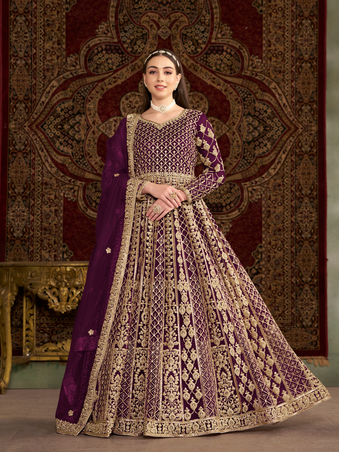 Anarkali Gown Butterfly Net Front & Back Side Work Designer Indian Pakistani