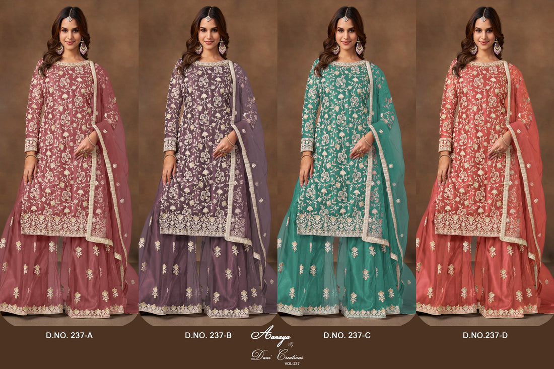 Butterfly Net Embroidered Sharara Suit for Women with Dupatta Party Wear