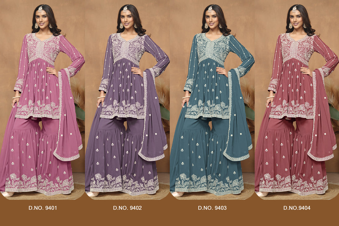 Both Side Work Short Round Kurtis With Sharara Pair Wedding Bollywood Party Wear